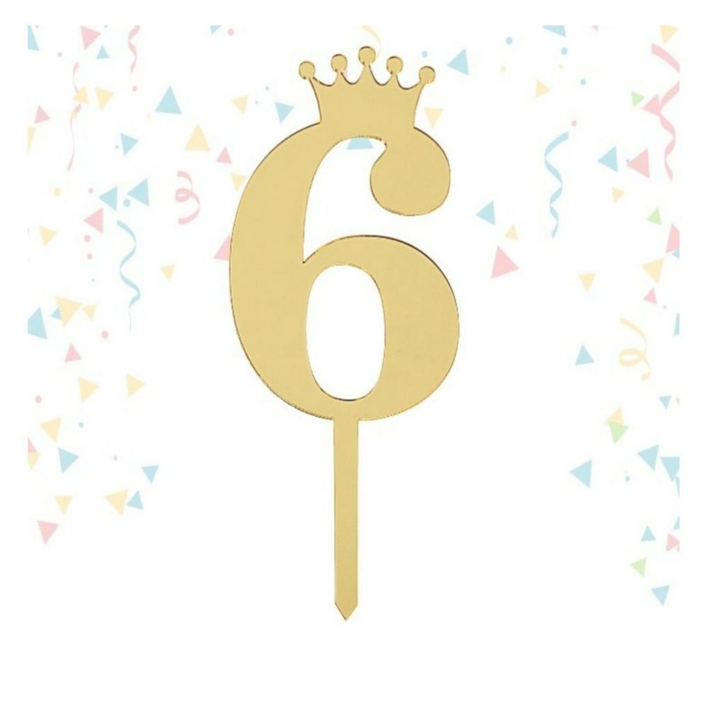 Cake Topper # 6 Golden Mirror Reflecting Chic NWT Number Six with a crown